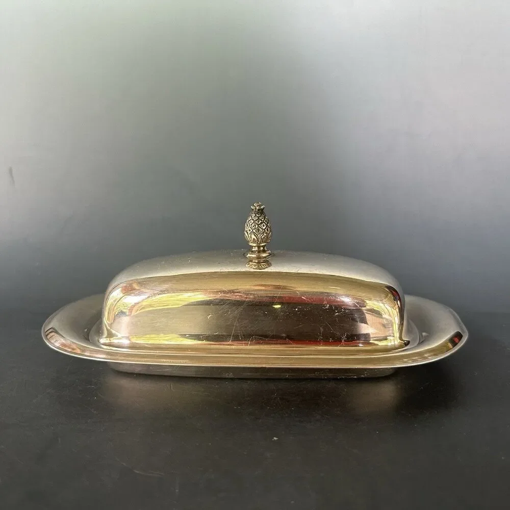 Vintage Silverplate, Butter Dish Elegant Patterned Pineapple Top, Glass insert